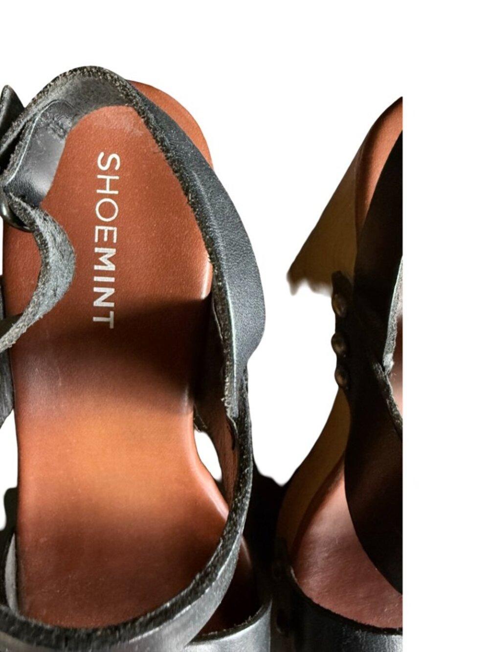 ShoeMint Black Leather Studded Wood Platform Sandals Retro 70s Clogs Size 5 - Picture 10 of 10
